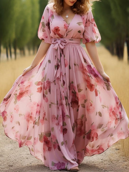 Elegant Blood Sail Floral Lace-up Ladies Dress