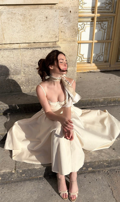 Simple A Line Spaghetti Strap Apricot Satin Prom Dress Birthday Dress Outfits SH3911