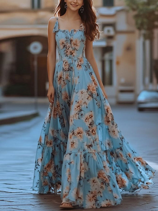 Light Blue Suspenders Print Maxi Dress