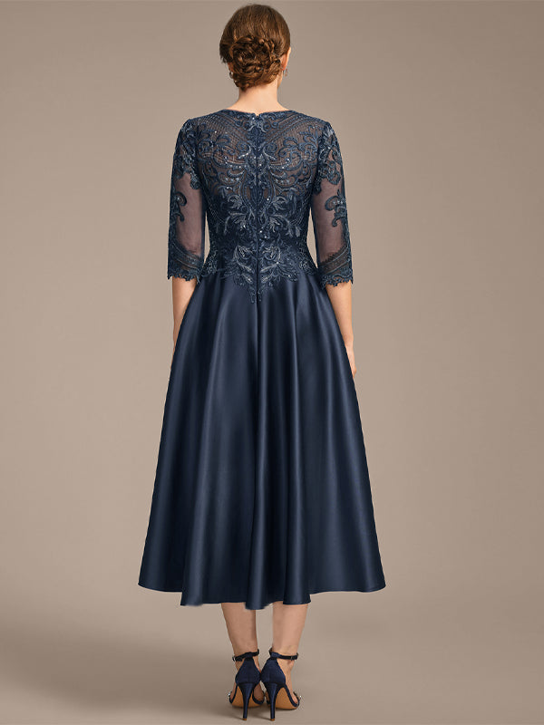 Round Neck Short Sleeve Lace Sequin Solid Color Midi Dress