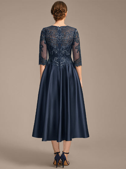 Round Neck Short Sleeve Lace Sequin Solid Color Midi Dress