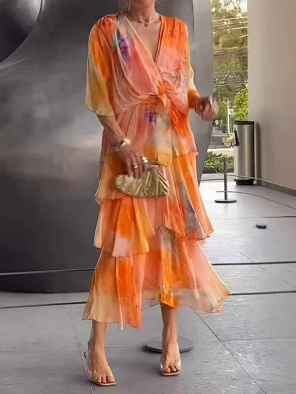 Flower Printed Gradient Ruffled Half Sleeves Maxi Dress