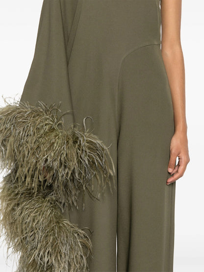 One-shoulder Solid Color Feather Jumpsuit