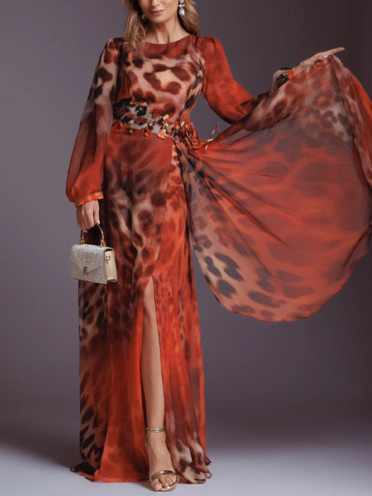 Round Neck Long Sleeves Leopard Print Maxi Dress
