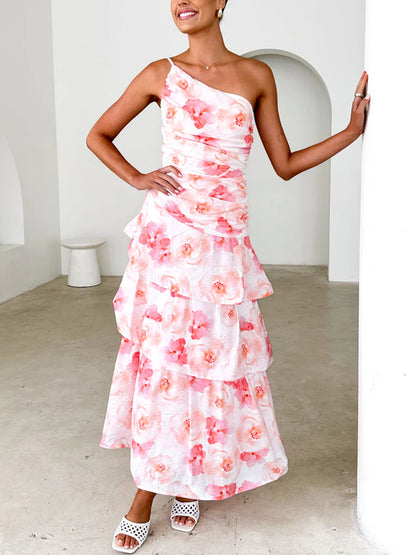 One Shoulder Pleated Spaghetti Strap Printed Dress