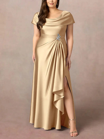 Champagne A-Line Pleated Stretch Satin Dress