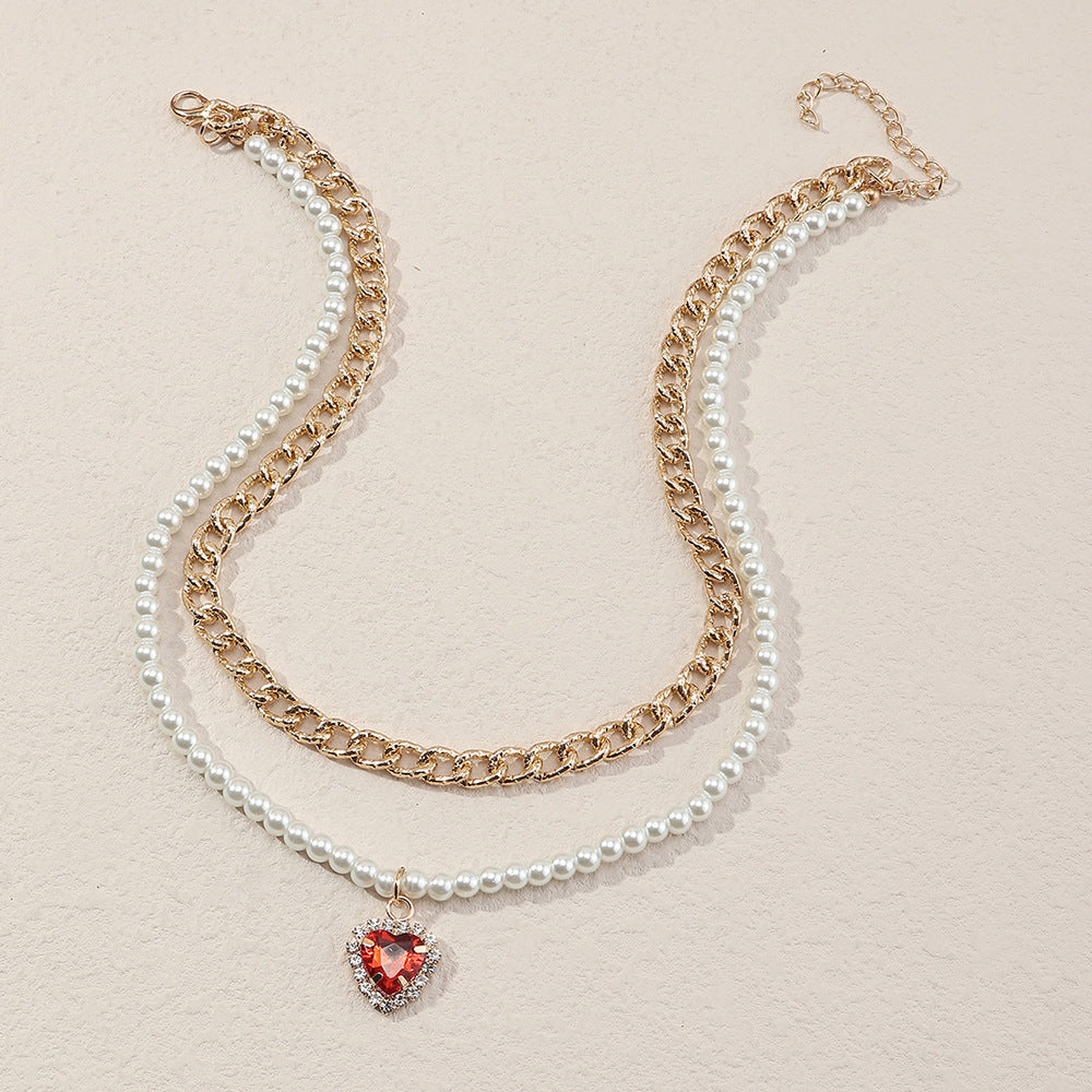 All-match love metal pearl love stacking necklace