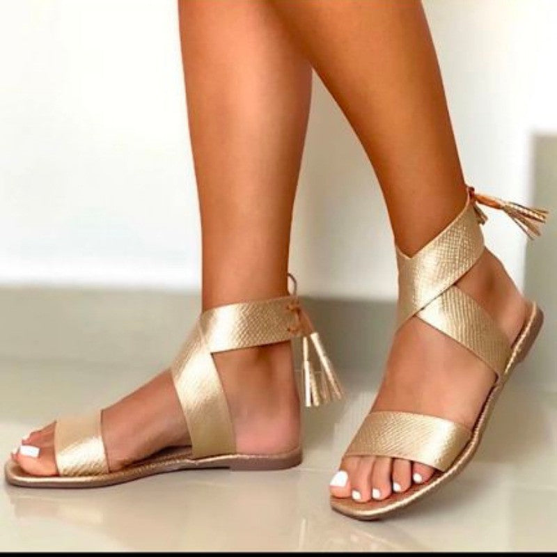 Lace Up Open Toe Fringe Roman Sandals