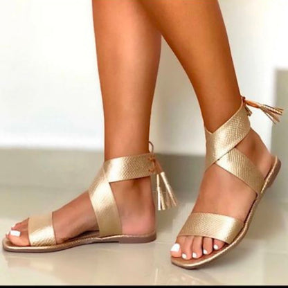 Lace Up Open Toe Fringe Roman Sandals
