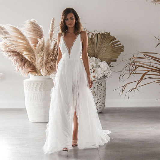 loveedsTM- Woman Wedding Maxi Slip Dress Summer Sexy Bridesmaid Banquet White Split V Neck Backless Lace Female Long Elegant Evening Dress