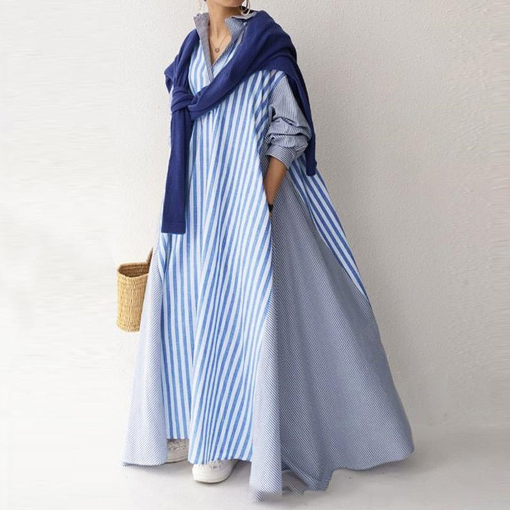 loveedsTM - Autumn Casual Loose Maxi Dress Women Vintage Turn-down Collar Striped Shirt Boho Beach Wedding Long Office Vestidos