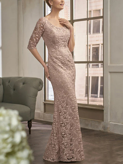 Round Neck Lace Solid Color Maxi Dress
