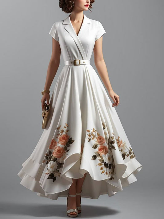 White Lapel Short Sleeves Printed Maxi Dress