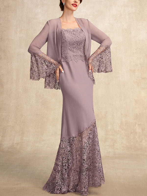 Trumpet/Mermaid Square Neckline Asymmetrical Chiffon Lace Mother of the Bride Dress