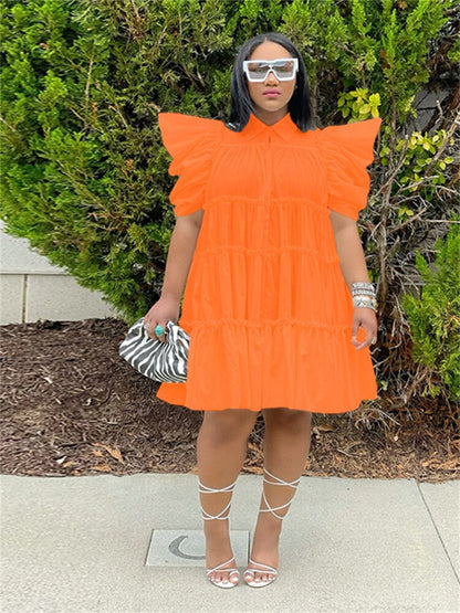 loveedsTM- Dresses for Women Solid Loose Pleated Puff Sleeve Casual Ball Gown Shirts Midi Dress S-2xl