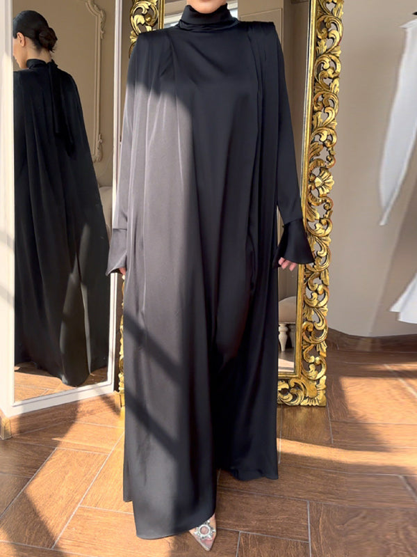 loveedsTM- Flared Sleeves Long Sleeves Solid Color High-Neck Maxi Dresses