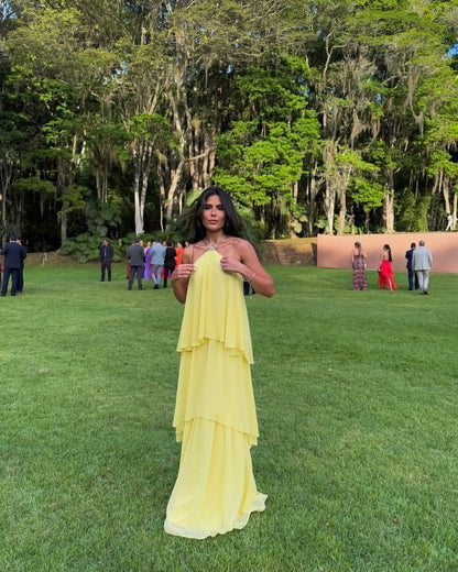 A Line Yellow Prom Dress Chiffon Tiered Ruffled Casual Dresses