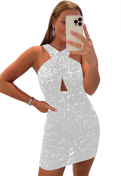 PM512, Black Sequined Cross Neck Homecoming Dress