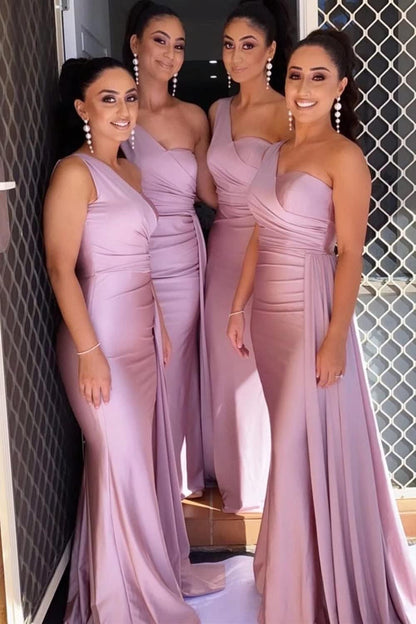 Pink One Shoulder Mermaid Satin Bridesmaid Dresses