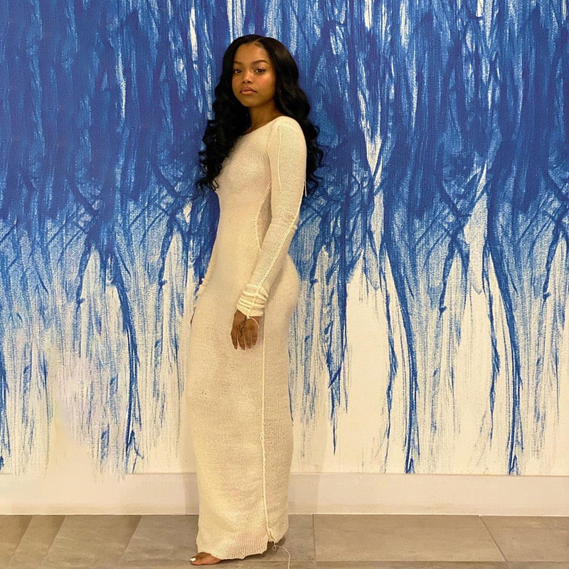 loveedsTM- New Knitted Bodycon Dress Fairy Grunge Casual Fashion Streetwear Women Autumn Y2K Solid O-neck Long Sleeve Maxi Dresses