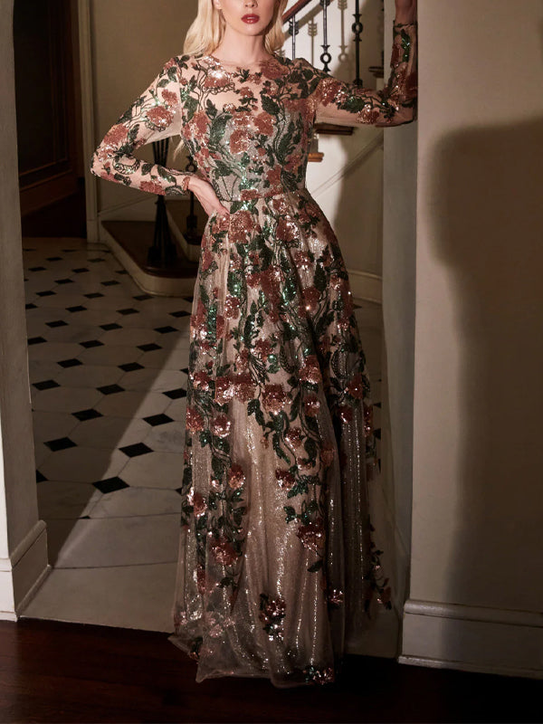 Lace Long Sleeve Printed Maxi Dress