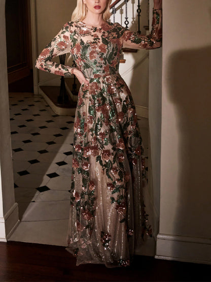 Lace Long Sleeve Printed Maxi Dress