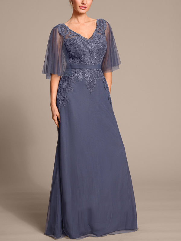 V-neck Mesh Lace Solid Color Maxi Dress