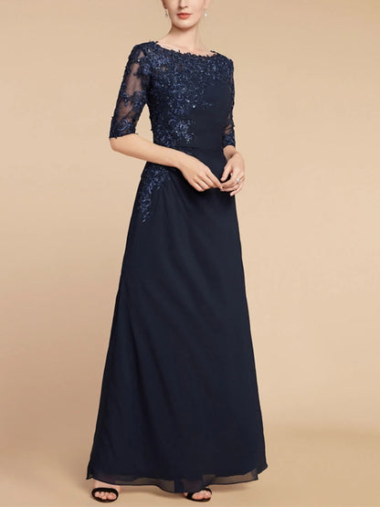 Round Neck Lace Solid Sequins Maxi Dress