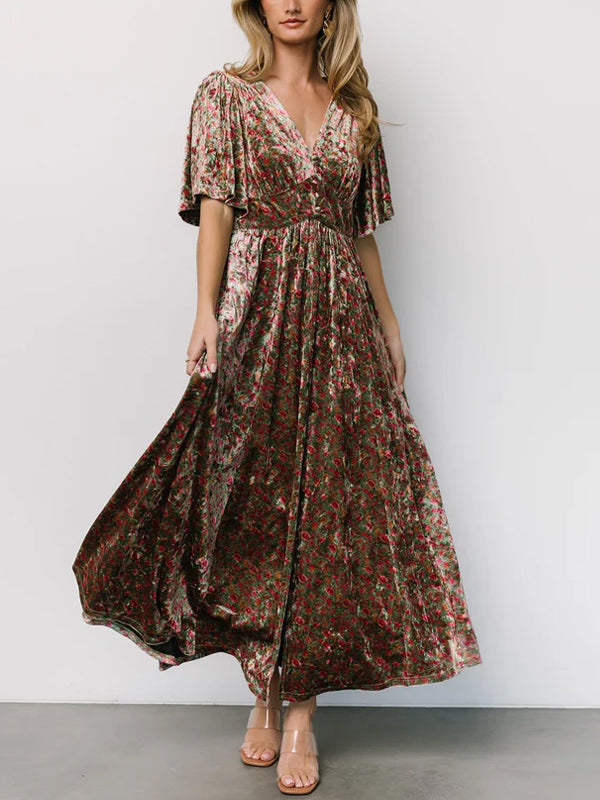 V-neck Corduroy Print Maxi Dress
