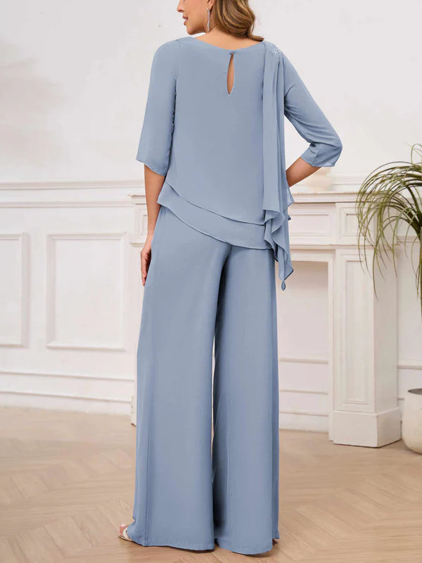 Asymmetrical Scoop Appliques Mother of the Bride & Groom Pantsuit