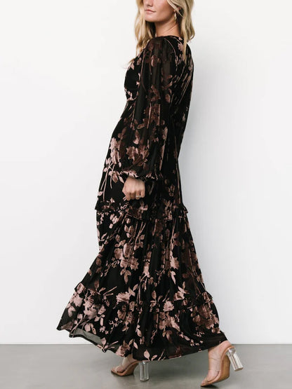 V-neck Corduroy Print Maxi Dress