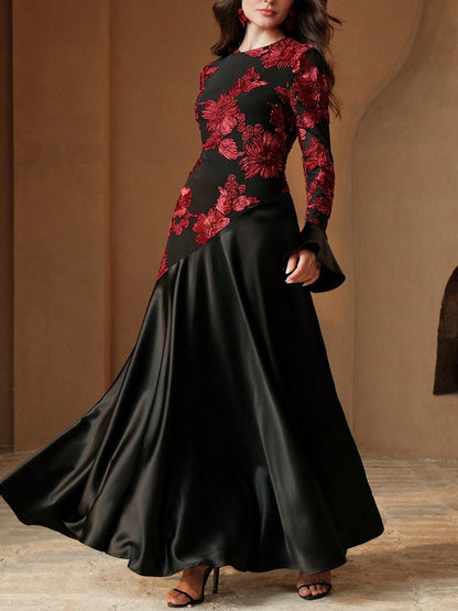 Floral Pattern Mesh Patchwork Elegant Long Sleeve Dress