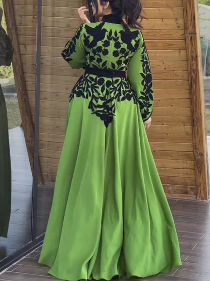 V-neck Printed Solid Color Maxi Dress