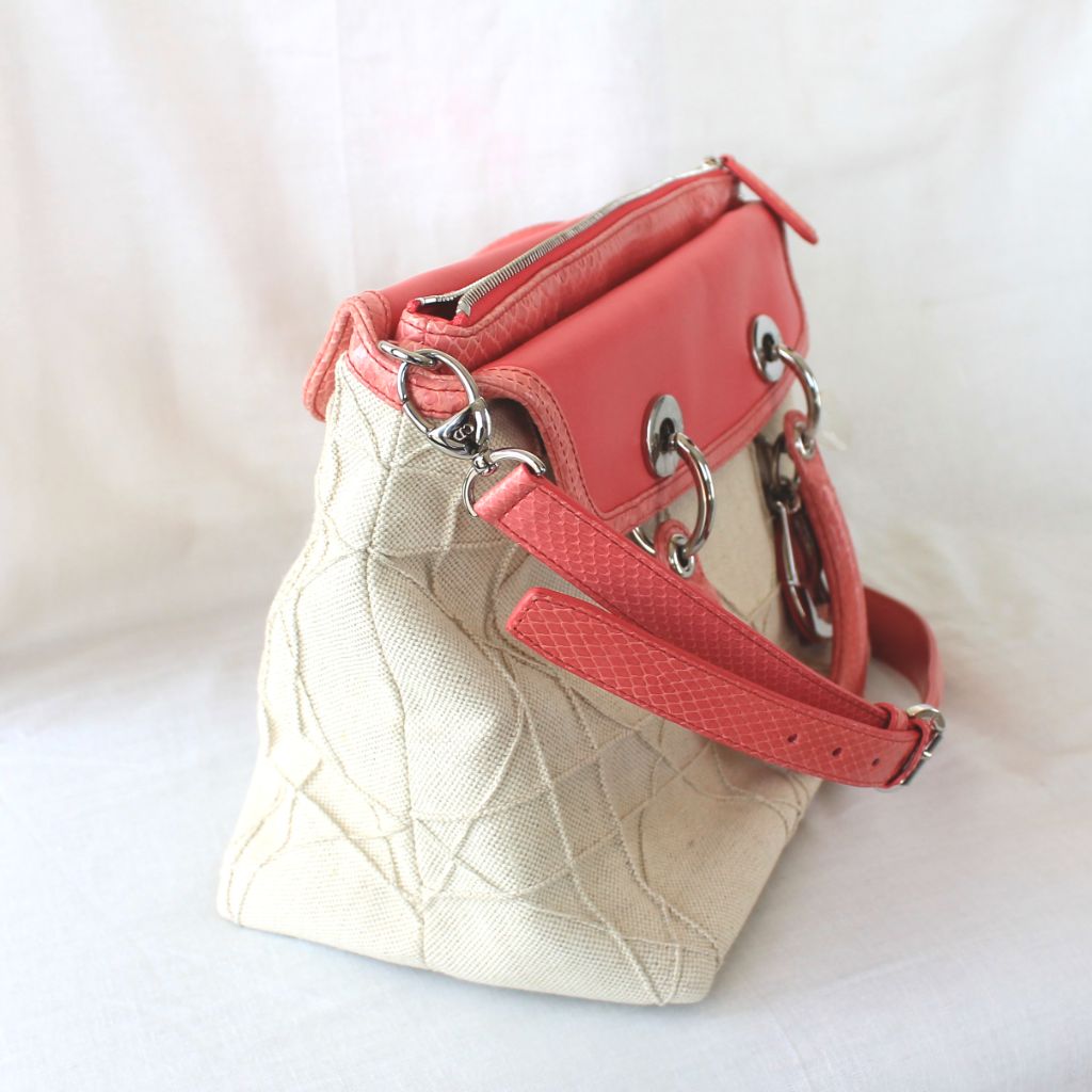 Christian Dior beige canvas with pink python leather trim,