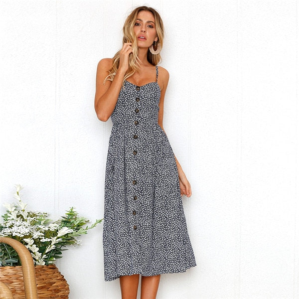loveedsTM- Boho Sexy Floral Dress Summer Vintage Casual Sundress Female Beach Dress Midi Button Backless Polka Dot Striped Women Dress