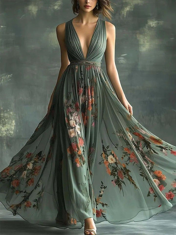 Green V-neck Sleeveless Print Maxi Dress