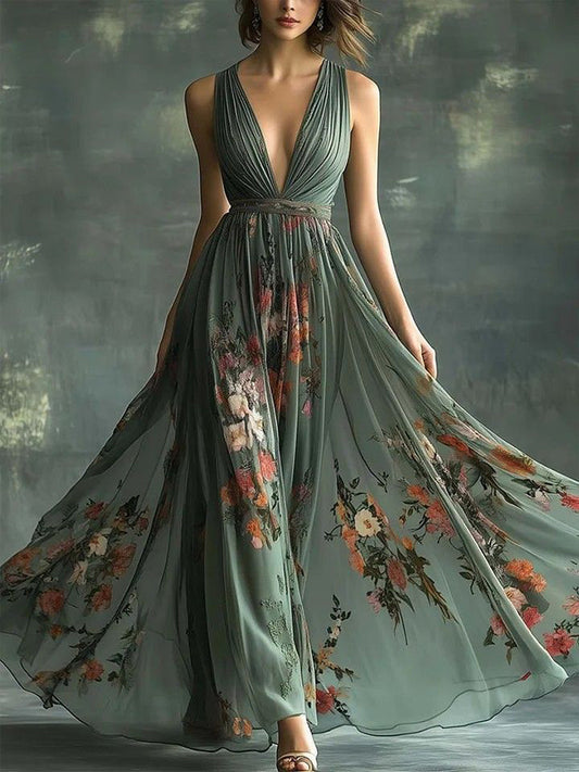 Green V-neck Sleeveless Print Maxi Dress