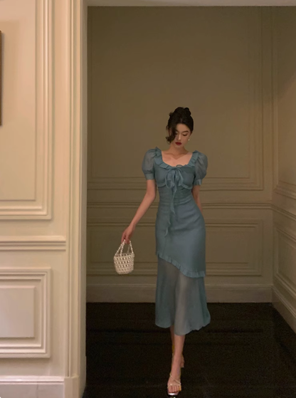 Sexy Mermaid Square Chiffon Blue 21st Birthday Dress Party Gown Birthday Outfits Birthday Dress Ideas For Women DP1881