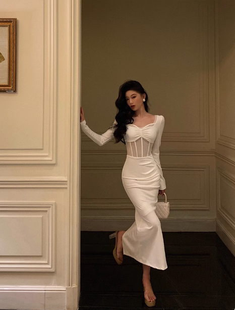 Sexy Sheath White Long Sleeves Satin 21st Birthday Dress Party Gown Birthday Outfits Birthday Dress Ideas For Women DP1896