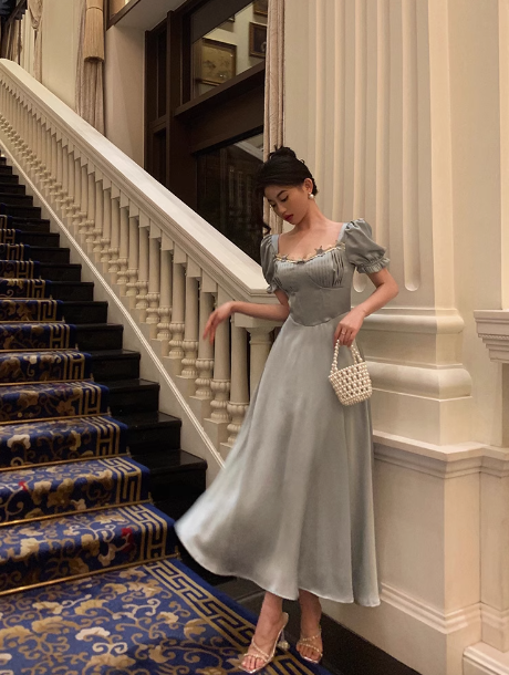 Vintage A line Square Blue Satin Prom Dresses Ruffles Evening Gowns Evening Dress DP1882