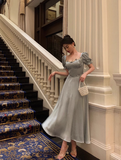 Vintage A line Square Blue Satin Prom Dresses Ruffles Evening Gowns Evening Dress DP1882