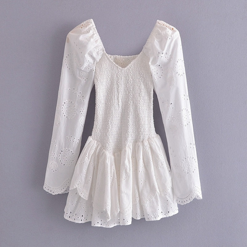 loveedsTM-2024 Summer Autumn Long Sleeve Elegant Embroidery Mini Dress Women Long Sleeve Cotton Smocked Bodice Sexy Woman Dress