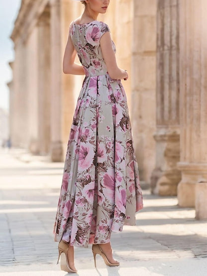 Crew Neck Short Sleeve Printed Midi Dress