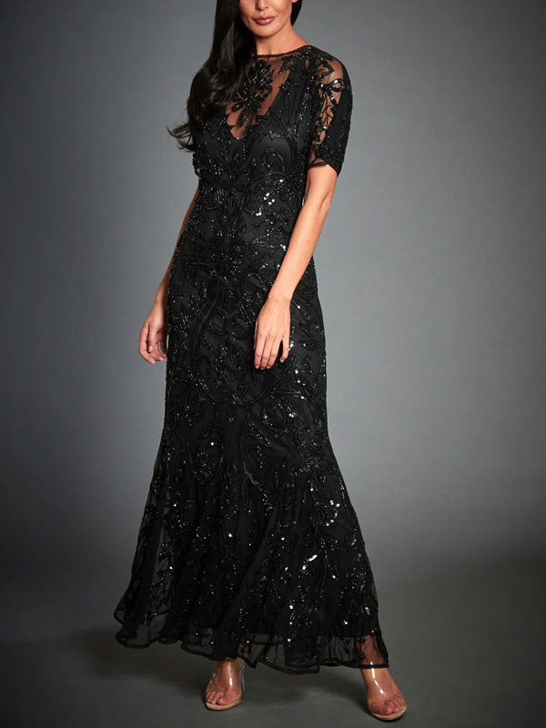 Elegant lace short sleeve evening dress