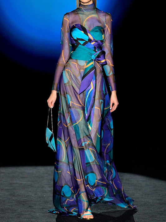 See-through Mesh Print Catwalk Women's Dress