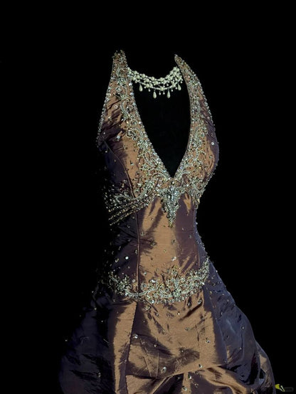 Vintage Ball Gown Halter Brown Sleeveless Long Prom Gown Fairy Prom Dresses SH3091