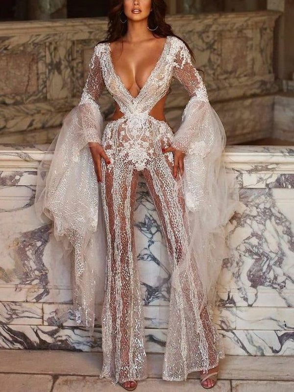 V-neck Lace Solid Color Jumpsuit