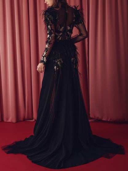 V-neck Solid Color Long Sleeves Maxi Dress
