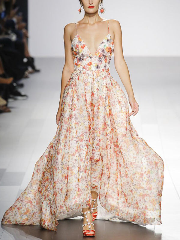 Orange Suspenders Print Maxi Dress