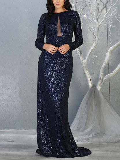Round Neck Long Sleeve Sequin Solid Color Maxi Dress